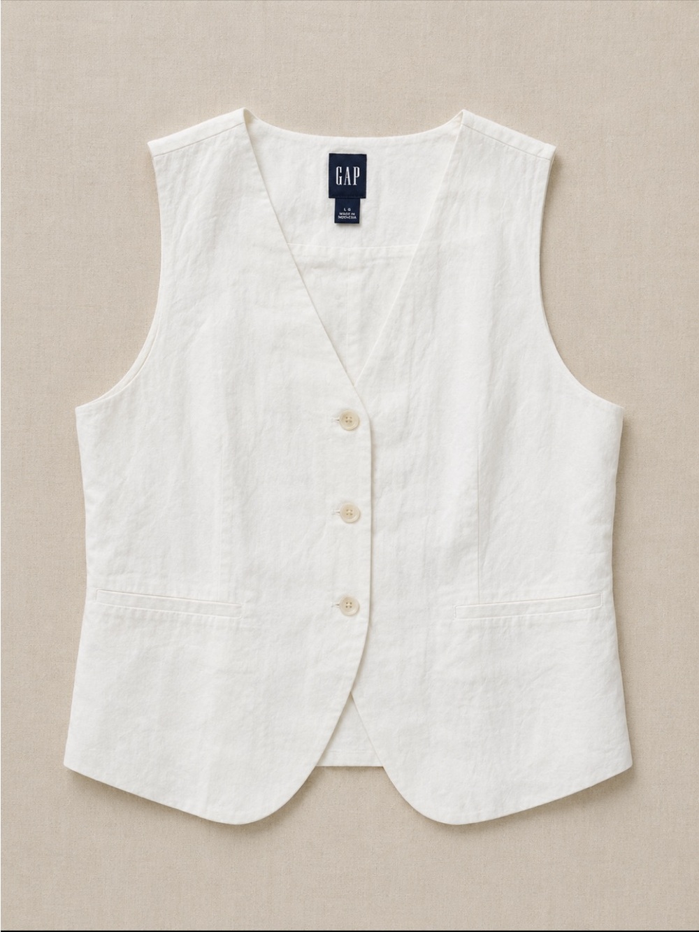 GAP Linen Blend Longline Vest Woman Large Off White Button Front Waistcoat 2024